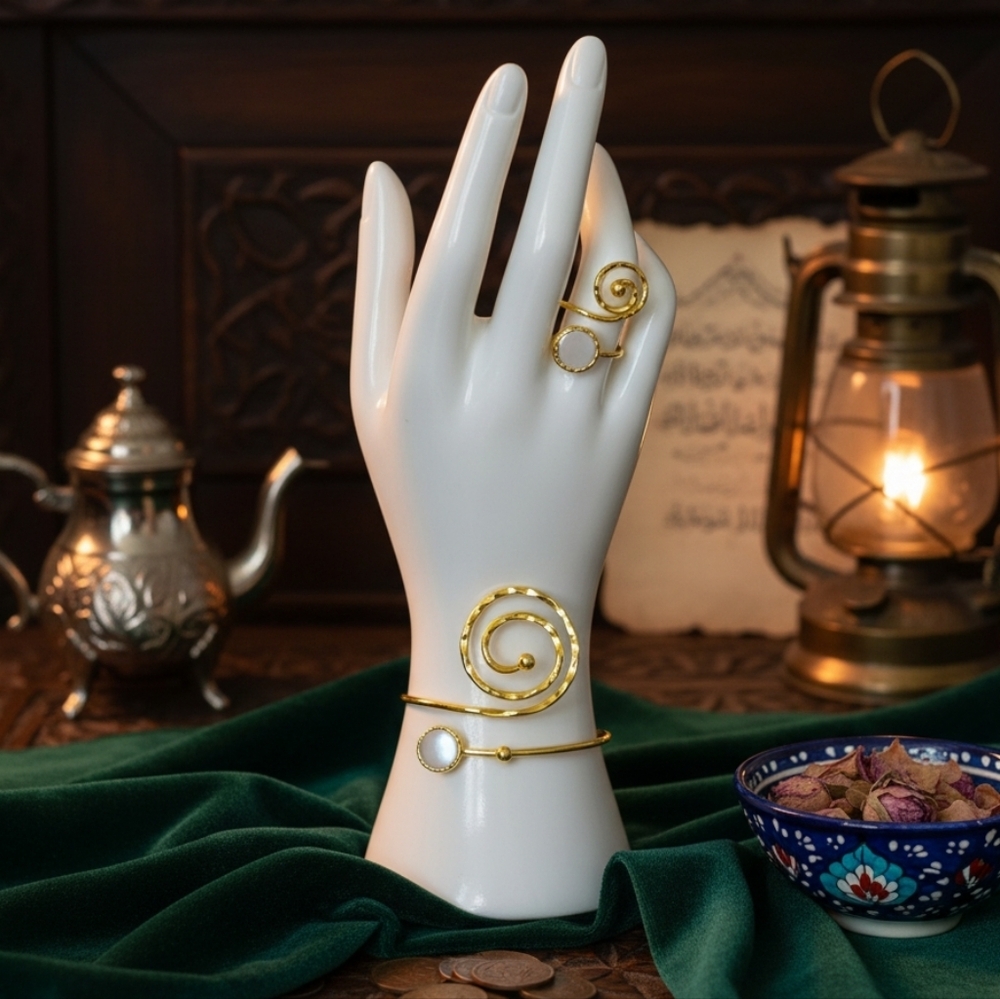 Luxurious Turkish Artisanal 18k Gold Plated Spiral Ring And Bracelet Jewelry Set